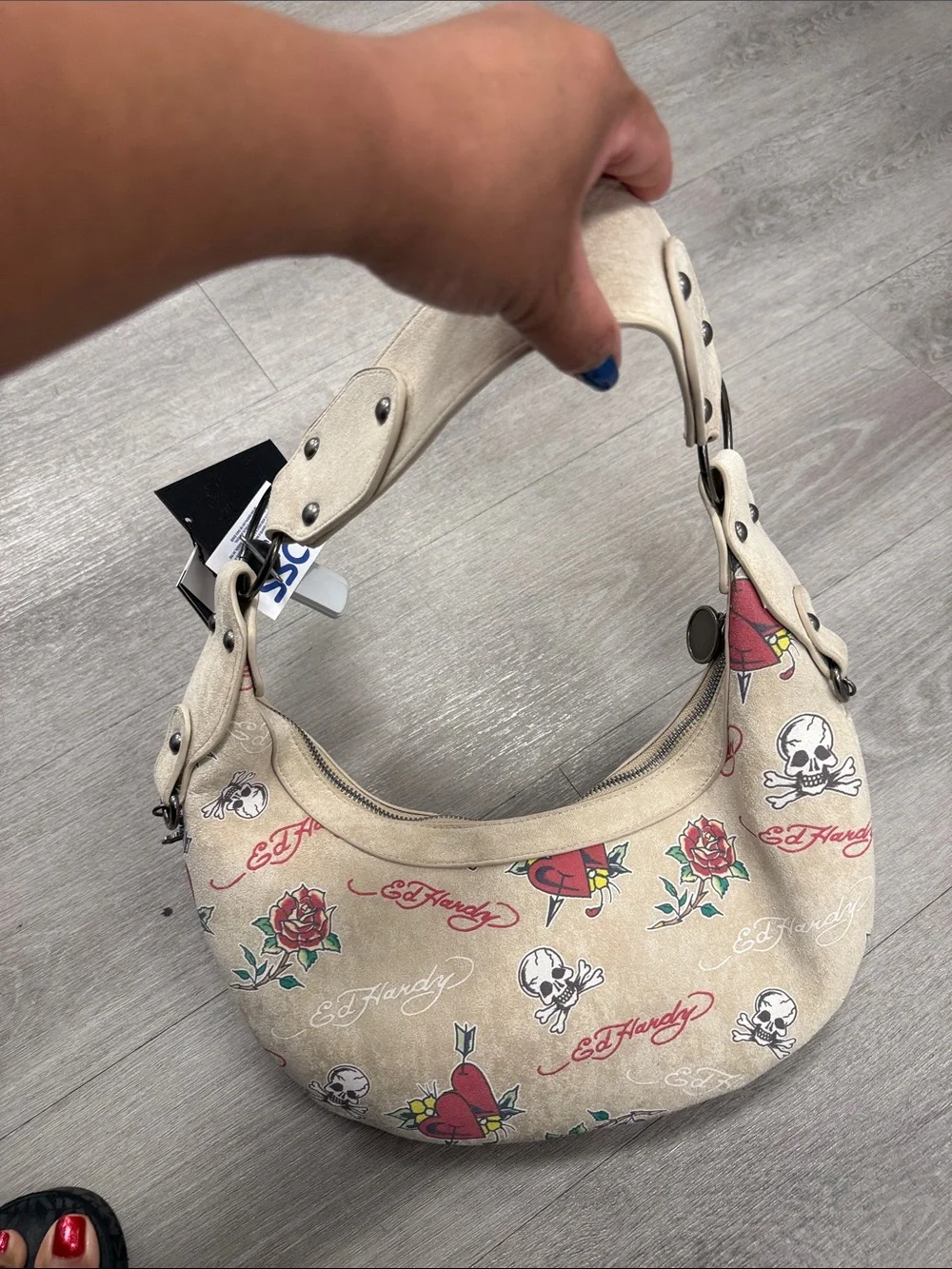 Ed Hardy Beige Studded Hobo with Tattoo Heart & Skull Print